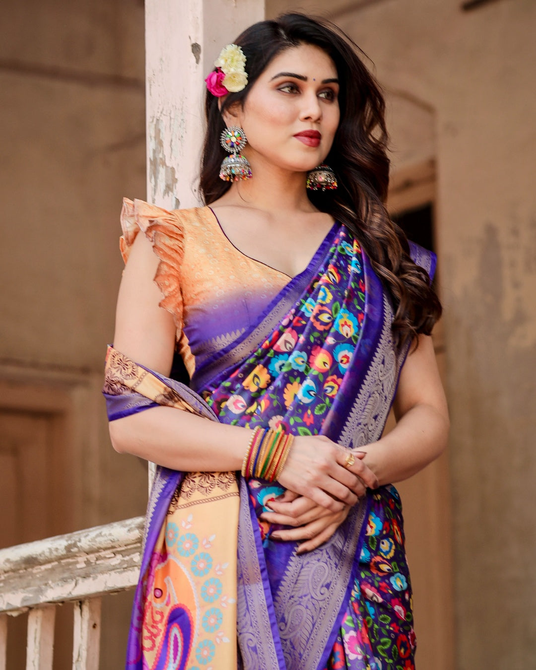 Royal Purple Tussar Silk Saree with Multicolour Floral Print, Zari Border, Statement Pallu & Tassels