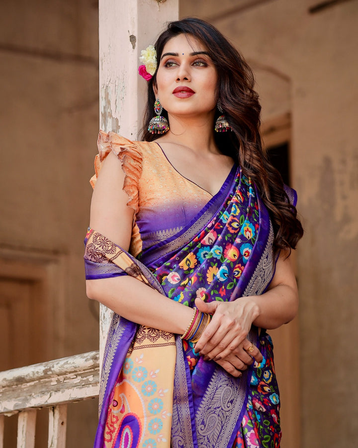 Royal Purple Tussar Silk Saree with Multicolour Floral Print, Zari Border, Statement Pallu & Tassels