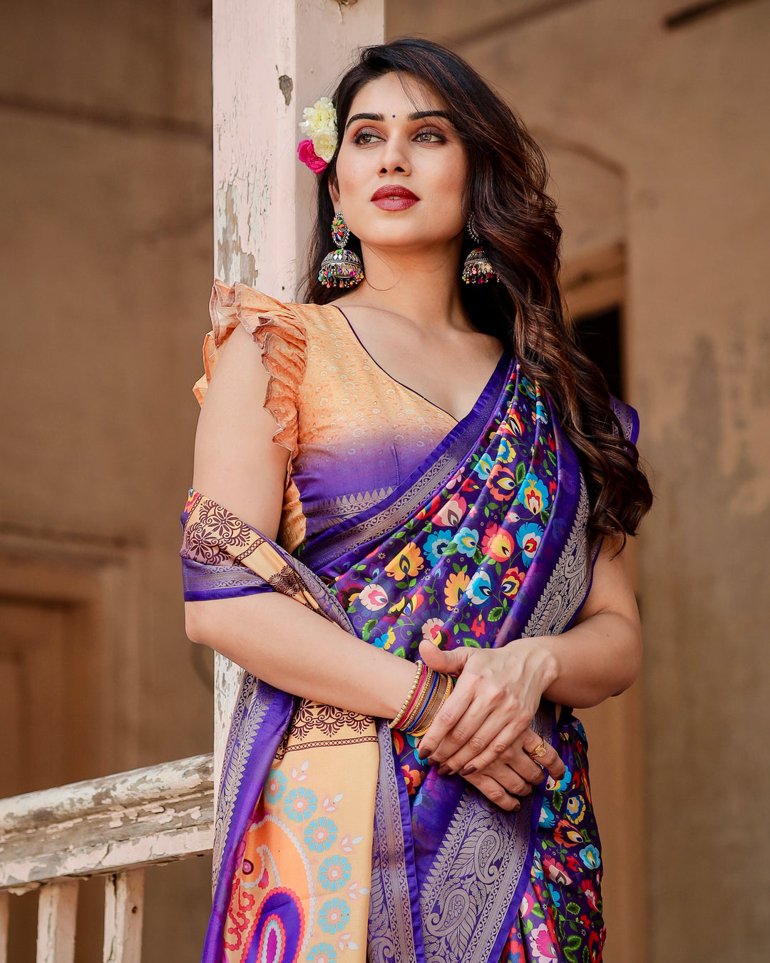Royal Purple Tussar Silk Saree with Multicolour Floral Print, Zari Border, Statement Pallu & Tassels