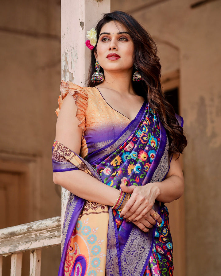 Royal Purple Tussar Silk Saree with Multicolour Floral Print, Zari Border, Statement Pallu & Tassels
