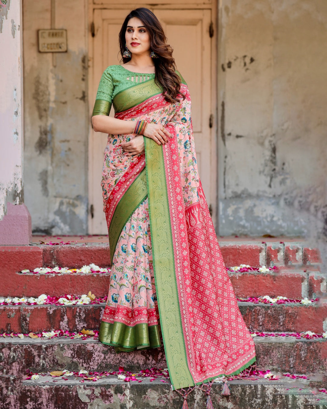 Blush Peach Tussar Silk Saree with Multicolour Floral Print, Green Zari Border, Printed Pallu & Tassels