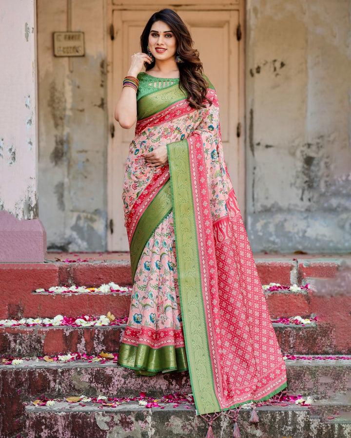 Blush Peach Tussar Silk Saree with Multicolour Floral Print, Green Zari Border, Printed Pallu & Tassels