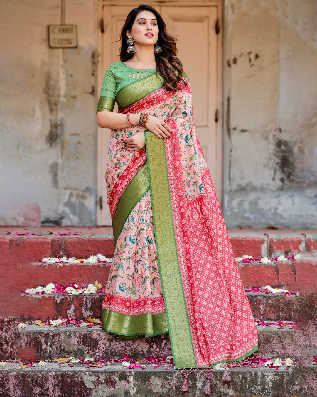 Blush Peach Tussar Silk Saree with Multicolour Floral Print, Green Zari Border, Printed Pallu & Tassels