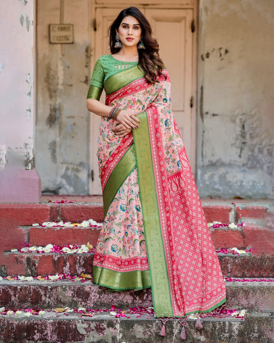 Blush Peach Tussar Silk Saree with Multicolour Floral Print, Green Zari Border, Printed Pallu & Tassels