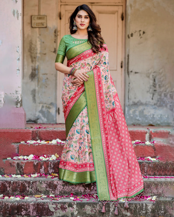 Blush Peach Tussar Silk Saree with Multicolour Floral Print, Green Zari Border, Printed Pallu & Tassels