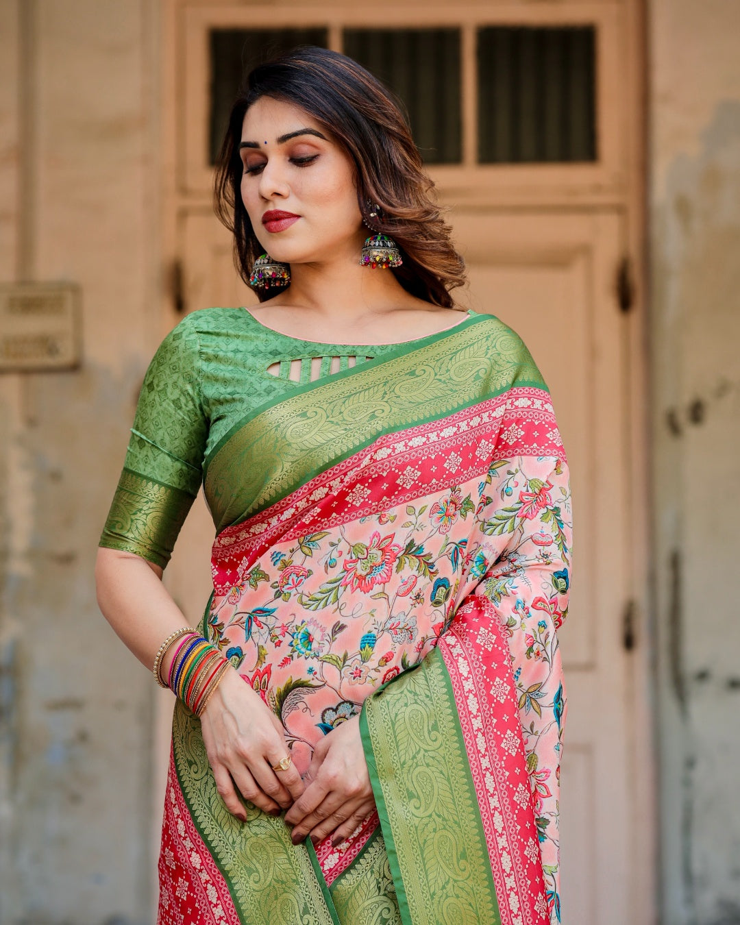 Blush Peach Tussar Silk Saree with Multicolour Floral Print, Green Zari Border, Printed Pallu & Tassels