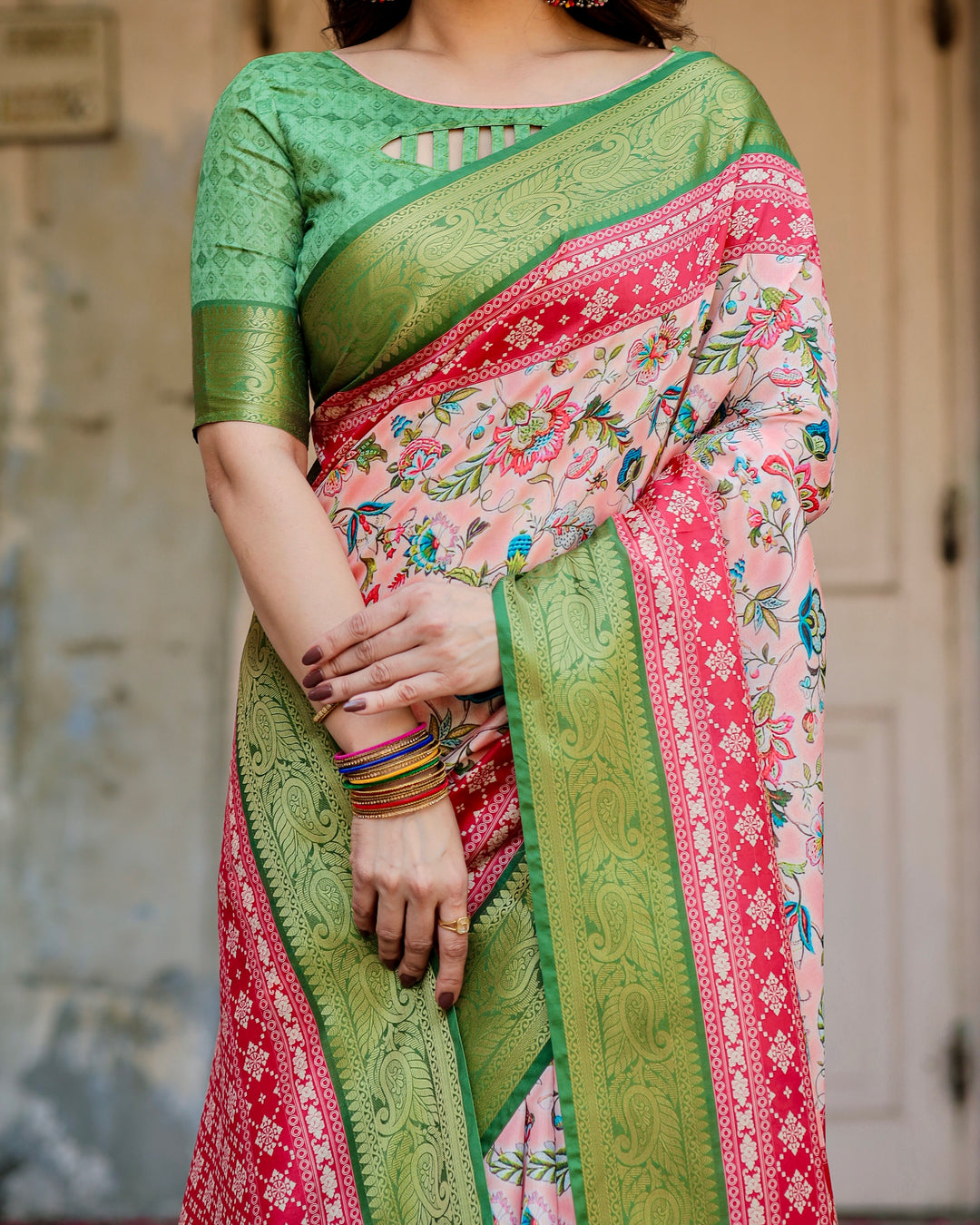 Blush Peach Tussar Silk Saree with Multicolour Floral Print, Green Zari Border, Printed Pallu & Tassels