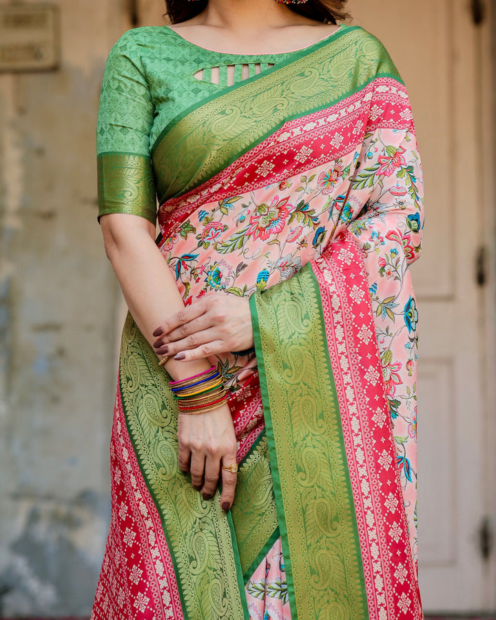 Blush Peach Tussar Silk Saree with Multicolour Floral Print, Green Zari Border, Printed Pallu & Tassels