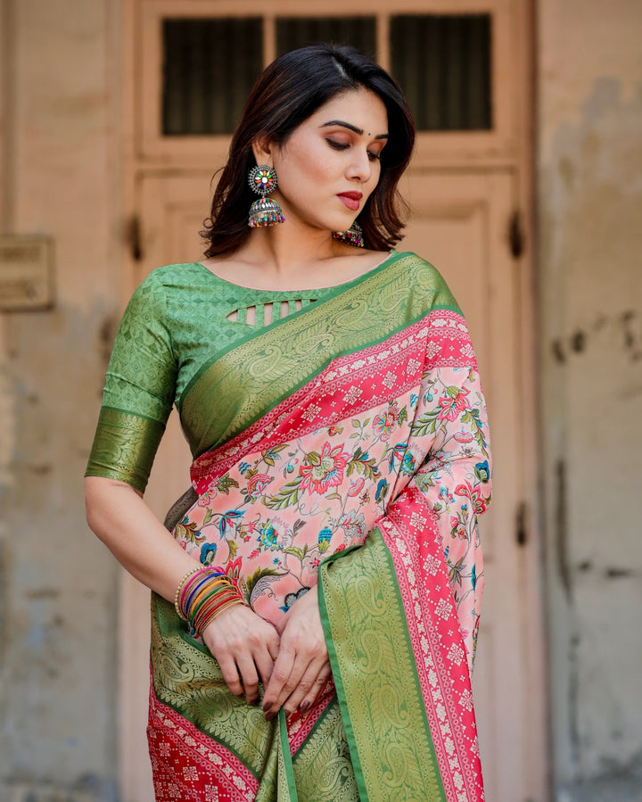 Blush Peach Tussar Silk Saree with Multicolour Floral Print, Green Zari Border, Printed Pallu & Tassels
