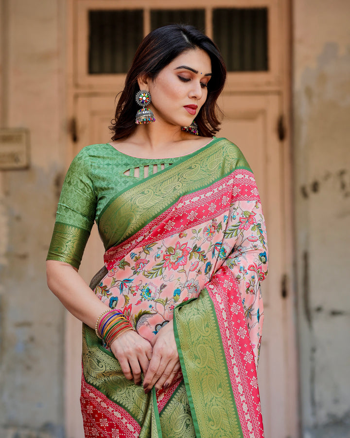 Blush Peach Tussar Silk Saree with Multicolour Floral Print, Green Zari Border, Printed Pallu & Tassels