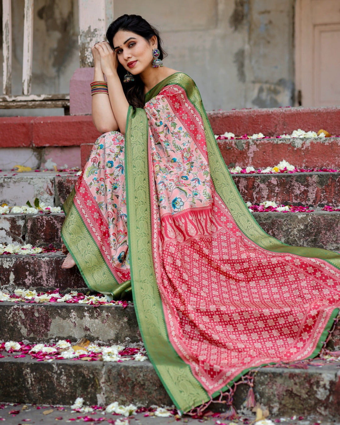 Blush Peach Tussar Silk Saree with Multicolour Floral Print, Green Zari Border, Printed Pallu & Tassels