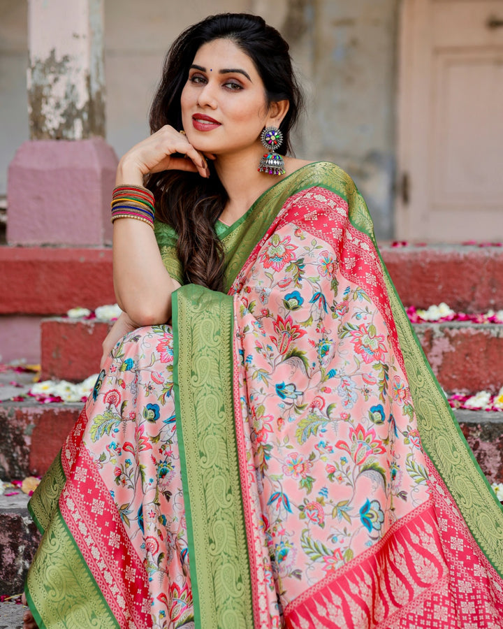 Blush Peach Tussar Silk Saree with Multicolour Floral Print, Green Zari Border, Printed Pallu & Tassels