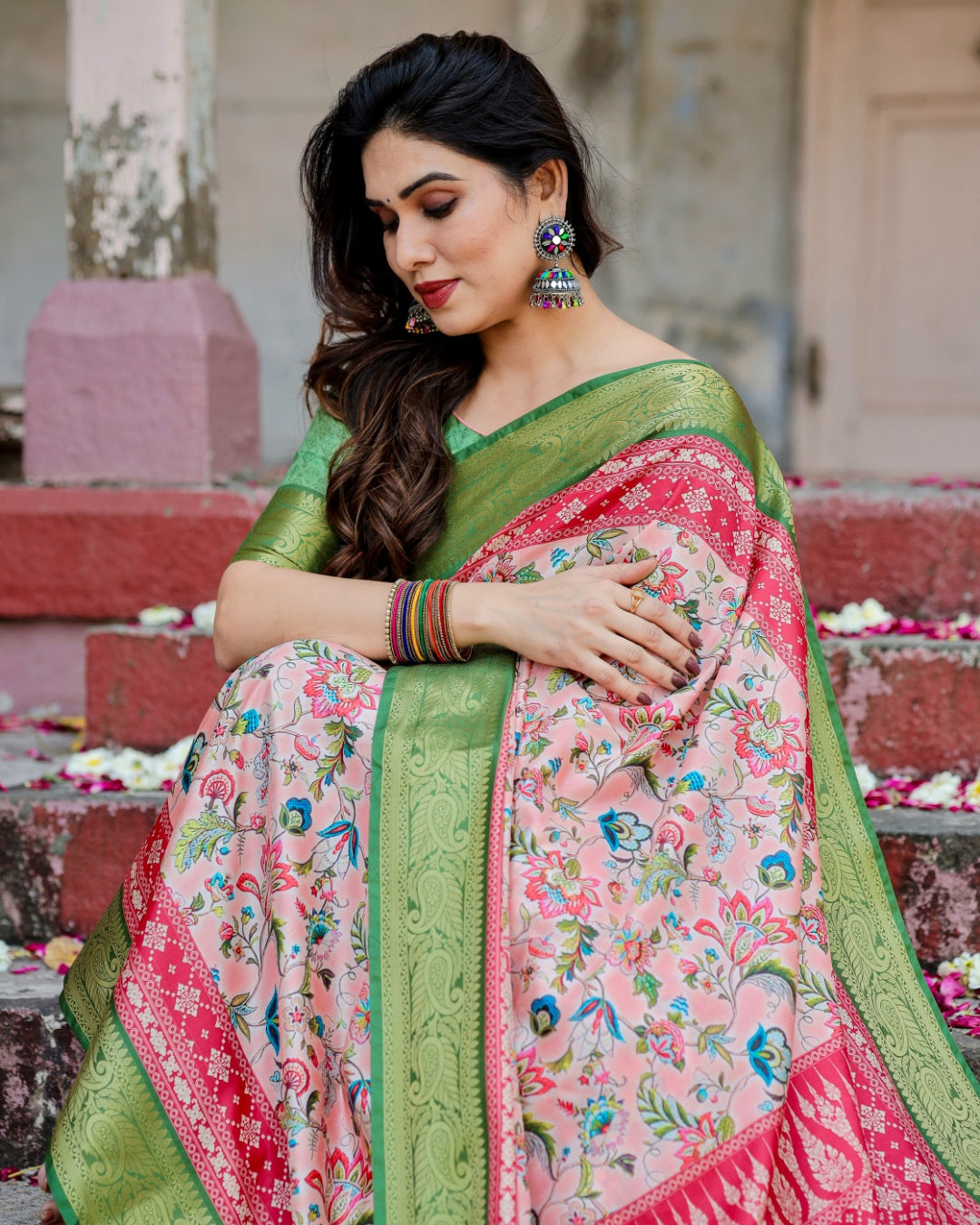 Blush Peach Tussar Silk Saree with Multicolour Floral Print, Green Zari Border, Printed Pallu & Tassels