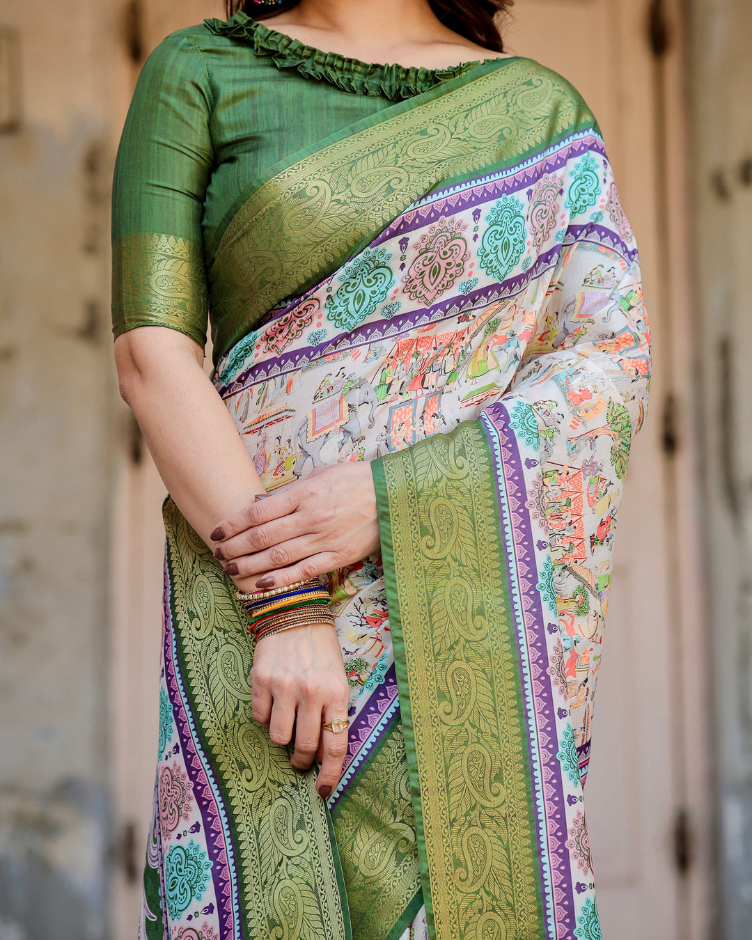 Ivory Tussar Silk Saree with Heritage Village Print, Olive Green Zari Border, Elephant Pallu & Tassels