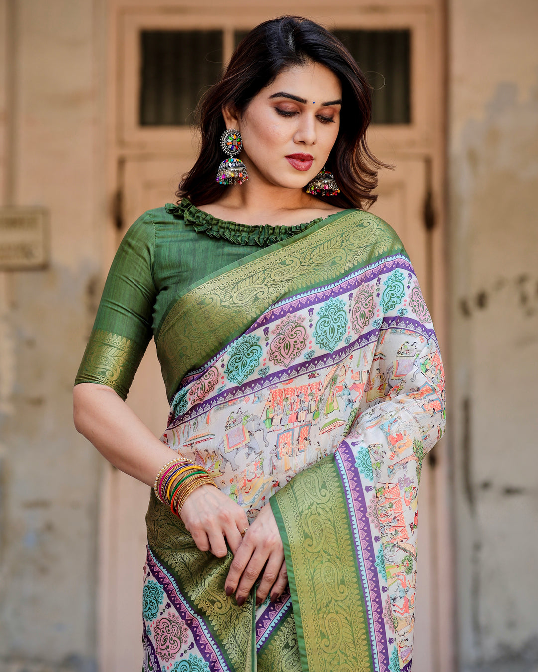 Ivory Tussar Silk Saree with Heritage Village Print, Olive Green Zari Border, Elephant Pallu & Tassels