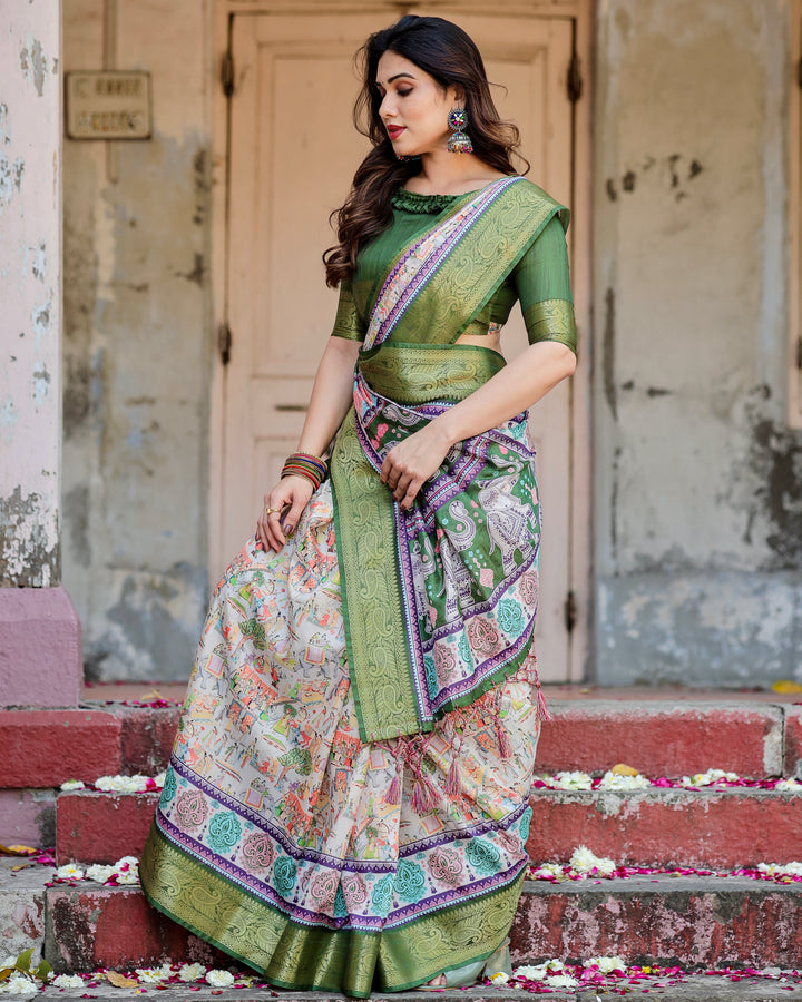 Ivory Tussar Silk Saree with Heritage Village Print, Olive Green Zari Border, Elephant Pallu & Tassels