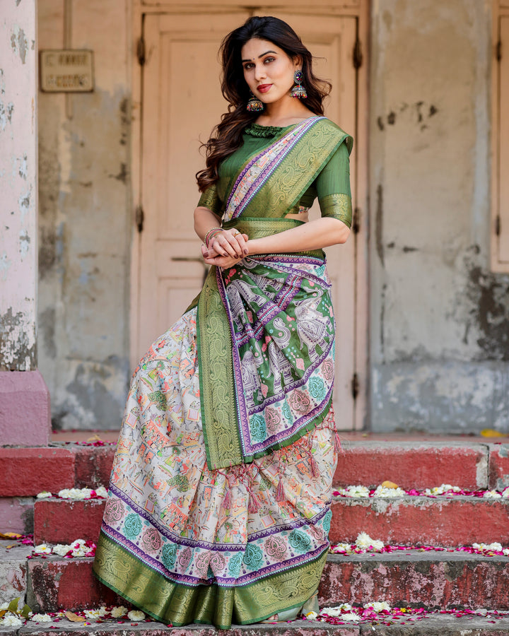 Ivory Tussar Silk Saree with Heritage Village Print, Olive Green Zari Border, Elephant Pallu & Tassels