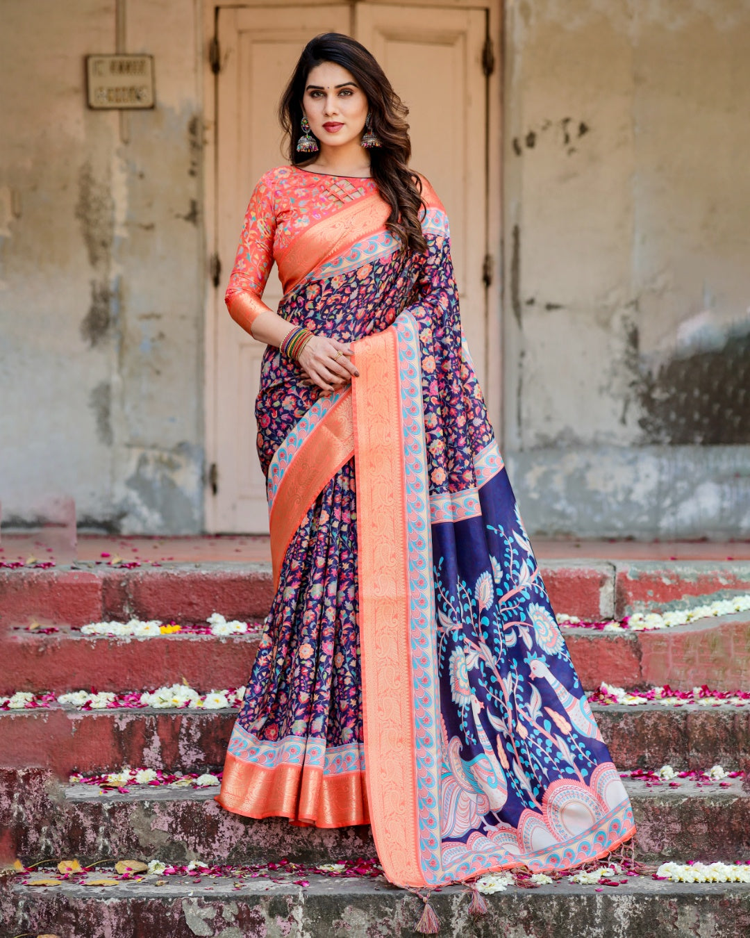 Navy Blue Tussar Silk Saree with Multicolour Floral Print, Peach Zari Border, Peacock Pallu & Tassels