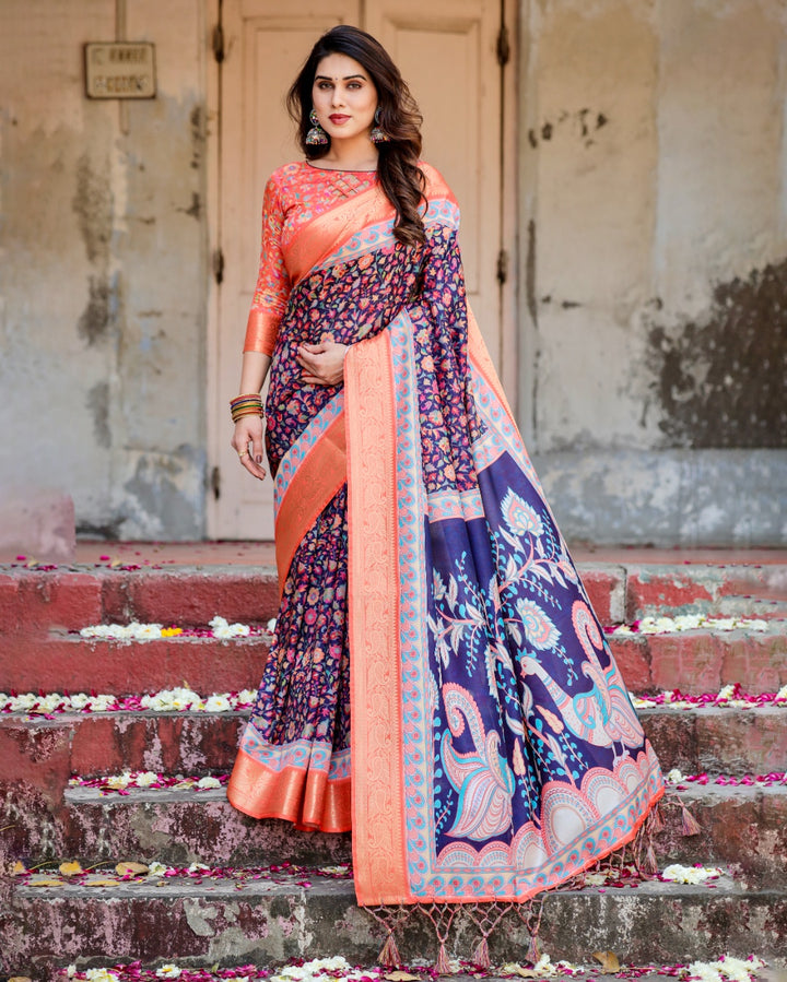 Navy Blue Tussar Silk Saree with Multicolour Floral Print, Peach Zari Border, Peacock Pallu & Tassels