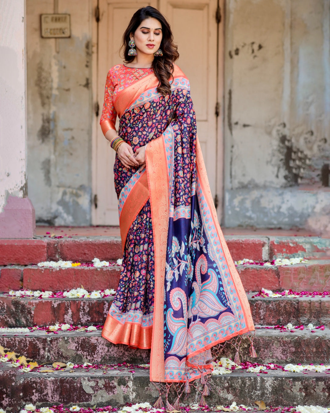 Navy Blue Tussar Silk Saree with Multicolour Floral Print, Peach Zari Border, Peacock Pallu & Tassels