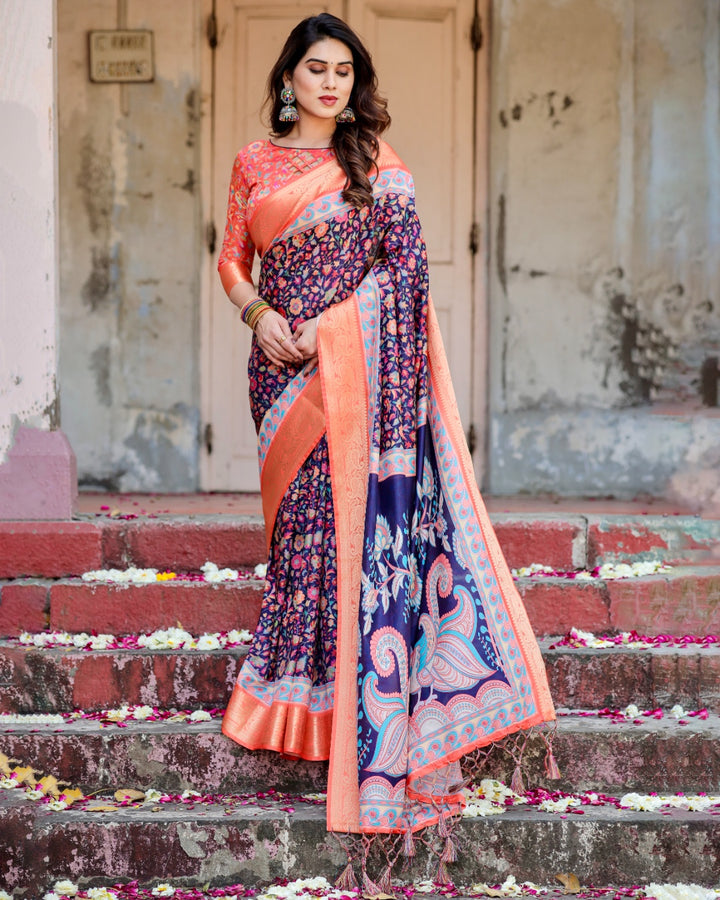 Navy Blue Tussar Silk Saree with Multicolour Floral Print, Peach Zari Border, Peacock Pallu & Tassels