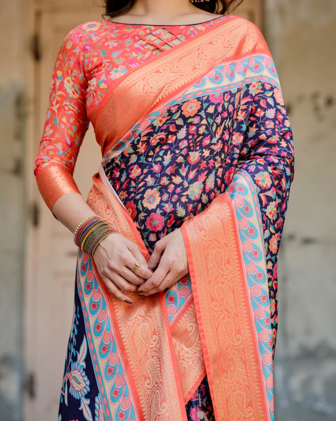 Navy Blue Tussar Silk Saree with Multicolour Floral Print, Peach Zari Border, Peacock Pallu & Tassels