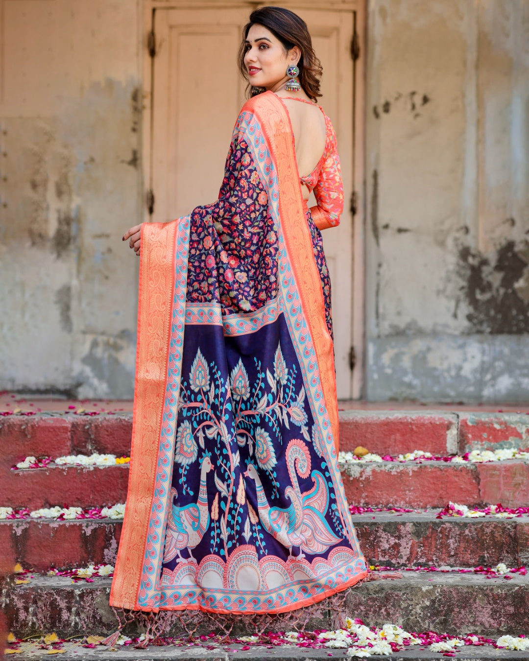 Navy Blue Tussar Silk Saree with Multicolour Floral Print, Peach Zari Border, Peacock Pallu & Tassels