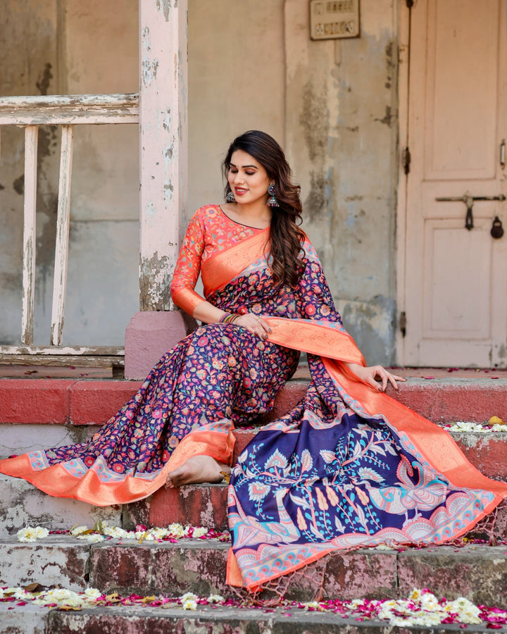Navy Blue Tussar Silk Saree with Multicolour Floral Print, Peach Zari Border, Peacock Pallu & Tassels