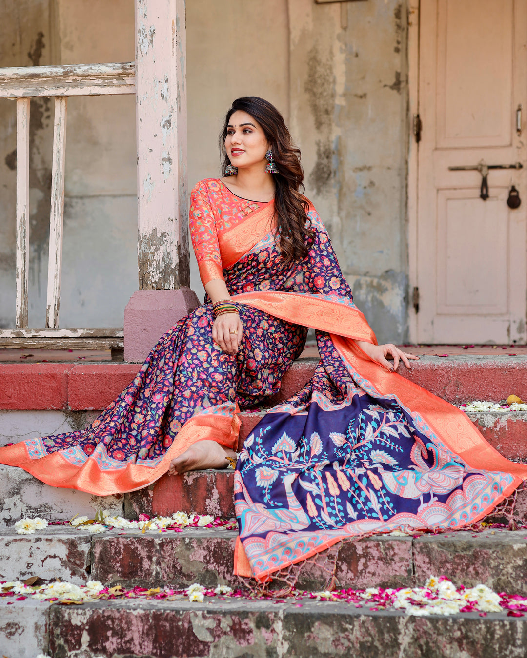 Navy Blue Tussar Silk Saree with Multicolour Floral Print, Peach Zari Border, Peacock Pallu & Tassels