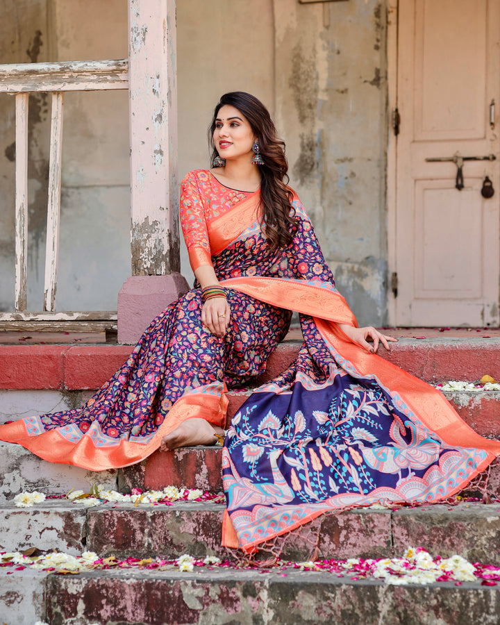 Navy Blue Tussar Silk Saree with Multicolour Floral Print, Peach Zari Border, Peacock Pallu & Tassels