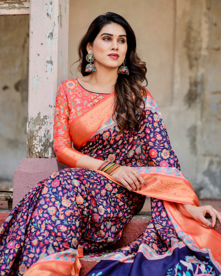 Navy Blue Tussar Silk Saree with Multicolour Floral Print, Peach Zari Border, Peacock Pallu & Tassels