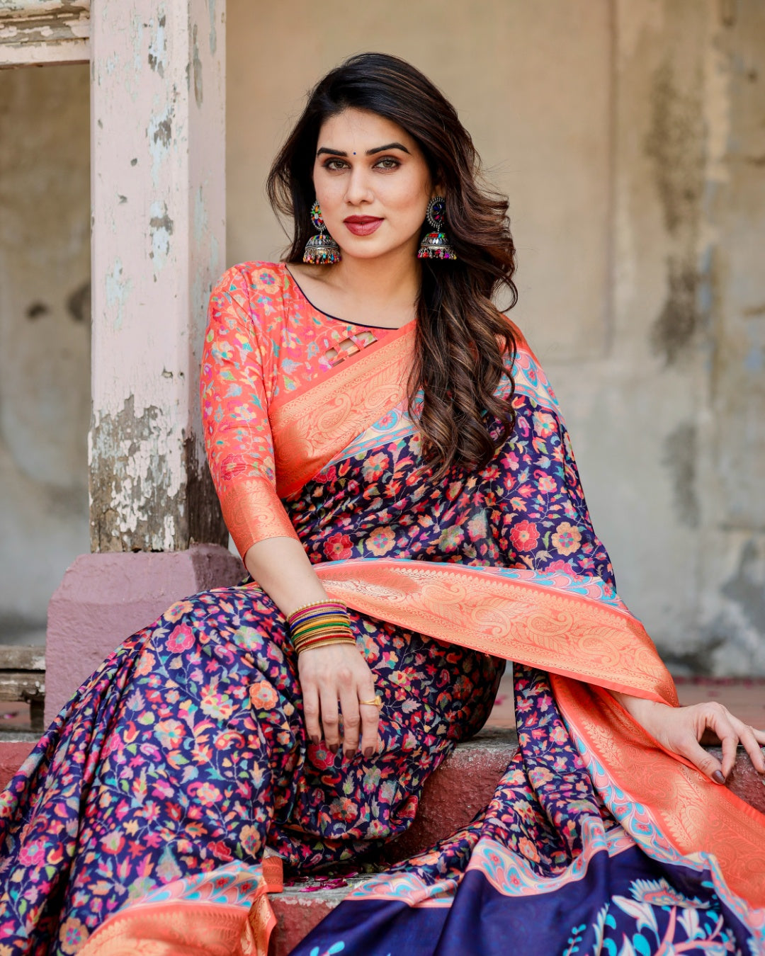 Navy Blue Tussar Silk Saree with Multicolour Floral Print, Peach Zari Border, Peacock Pallu & Tassels
