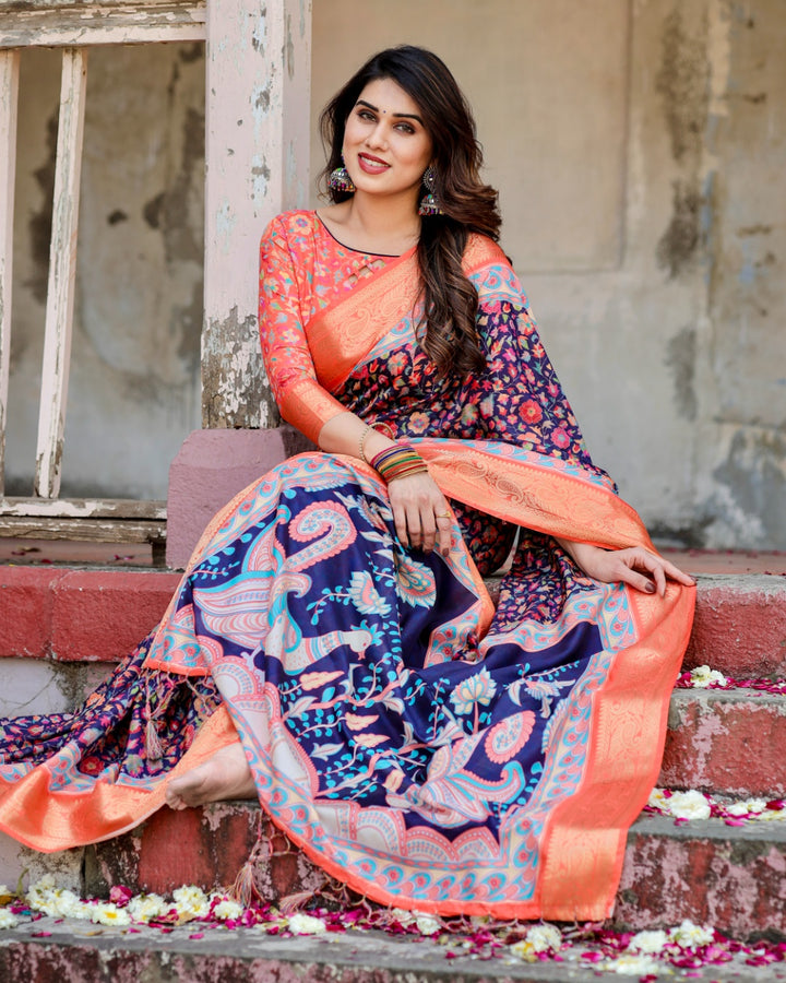Navy Blue Tussar Silk Saree with Multicolour Floral Print, Peach Zari Border, Peacock Pallu & Tassels