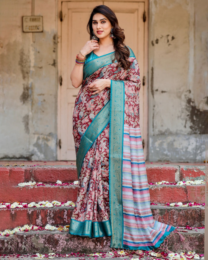 Maroon Tussar Silk Saree with Floral Print, Turquoise Zari Border, Striped Pallu & Tassels
