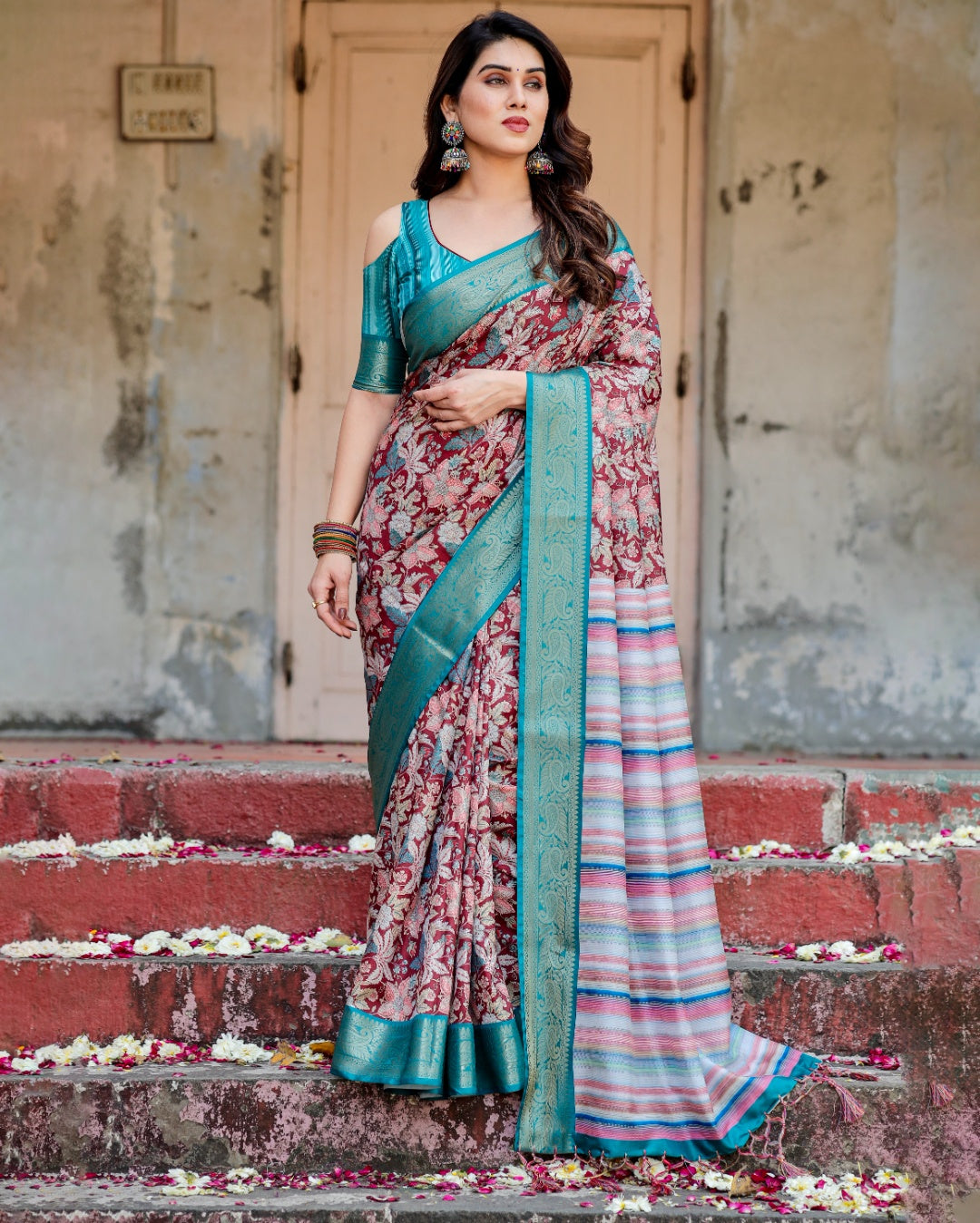 Maroon Tussar Silk Saree with Floral Print, Turquoise Zari Border, Striped Pallu & Tassels