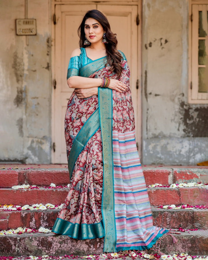 Maroon Tussar Silk Saree with Floral Print, Turquoise Zari Border, Striped Pallu & Tassels
