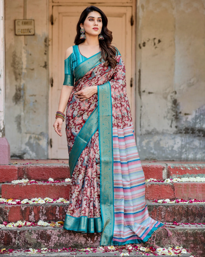 Maroon Tussar Silk Saree with Floral Print, Turquoise Zari Border, Striped Pallu & Tassels