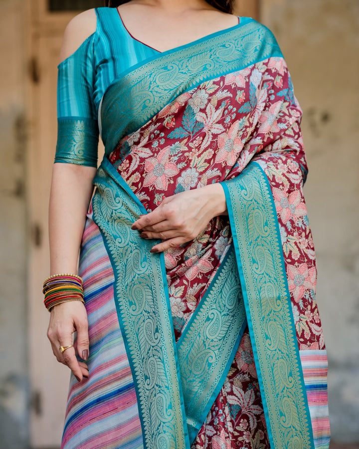 Maroon Tussar Silk Saree with Floral Print, Turquoise Zari Border, Striped Pallu & Tassels