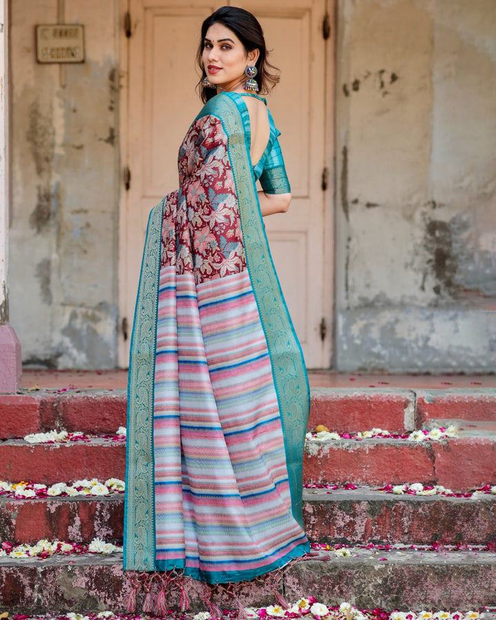 Maroon Tussar Silk Saree with Floral Print, Turquoise Zari Border, Striped Pallu & Tassels