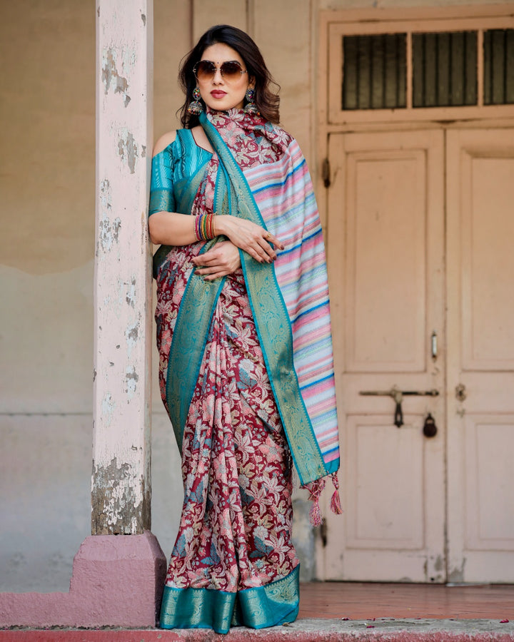 Maroon Tussar Silk Saree with Floral Print, Turquoise Zari Border, Striped Pallu & Tassels