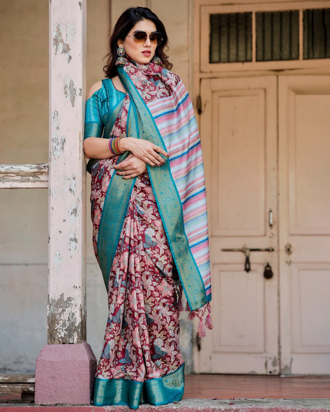 Maroon Tussar Silk Saree with Floral Print, Turquoise Zari Border, Striped Pallu & Tassels