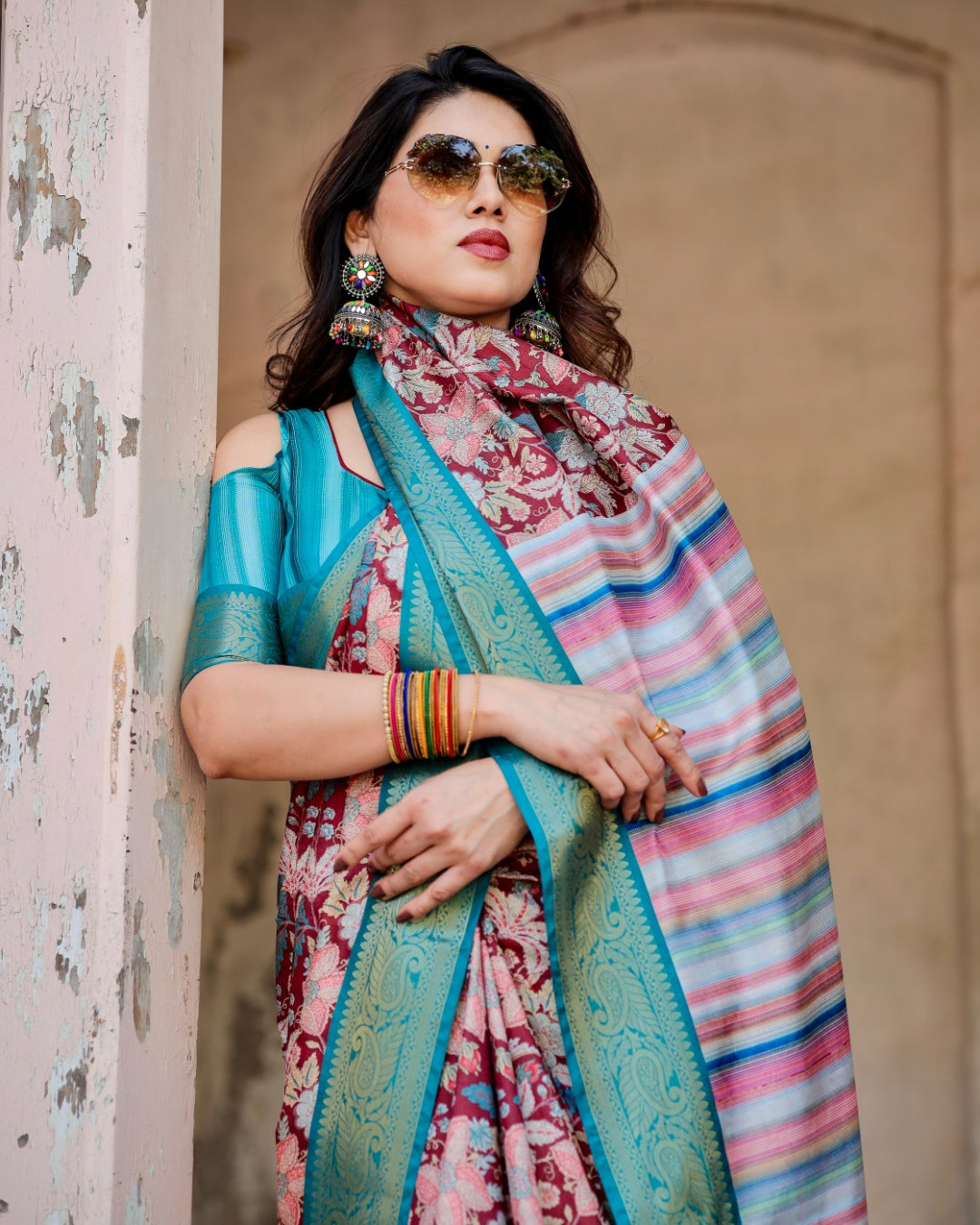 Maroon Tussar Silk Saree with Floral Print, Turquoise Zari Border, Striped Pallu & Tassels