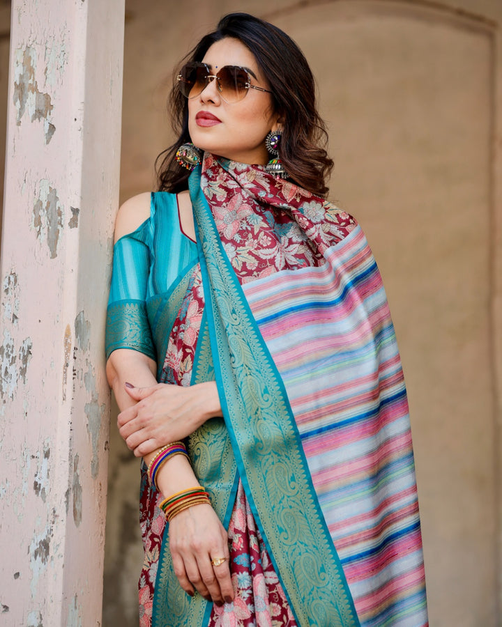 Maroon Tussar Silk Saree with Floral Print, Turquoise Zari Border, Striped Pallu & Tassels