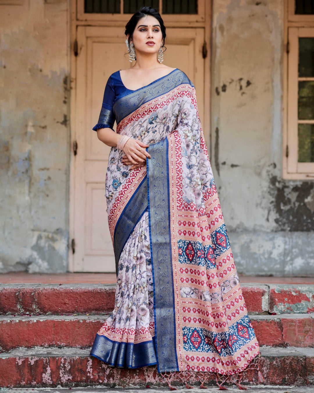Ivory Tussar Silk Saree with Floral Print, Royal Blue Zari Border, Printed Pallu & Tassels