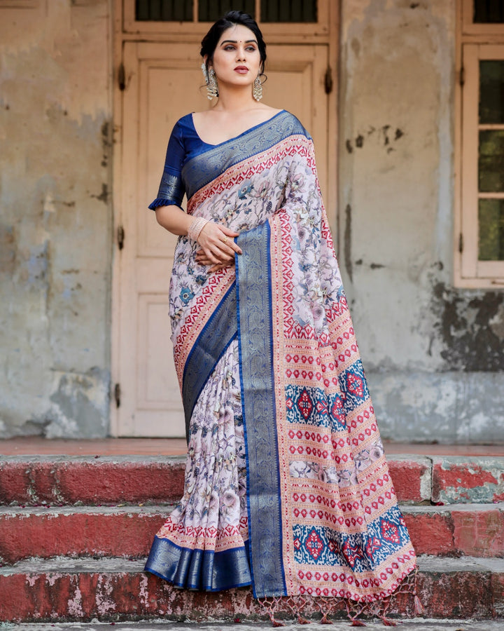 Ivory Tussar Silk Saree with Floral Print, Royal Blue Zari Border, Printed Pallu & Tassels