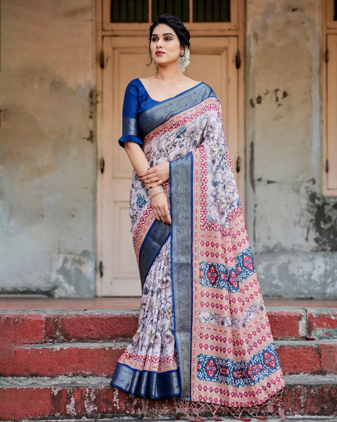 Ivory Tussar Silk Saree with Floral Print, Royal Blue Zari Border, Printed Pallu & Tassels
