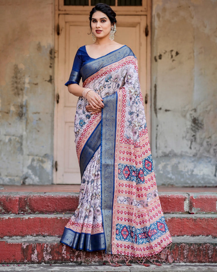 Ivory Tussar Silk Saree with Floral Print, Royal Blue Zari Border, Printed Pallu & Tassels