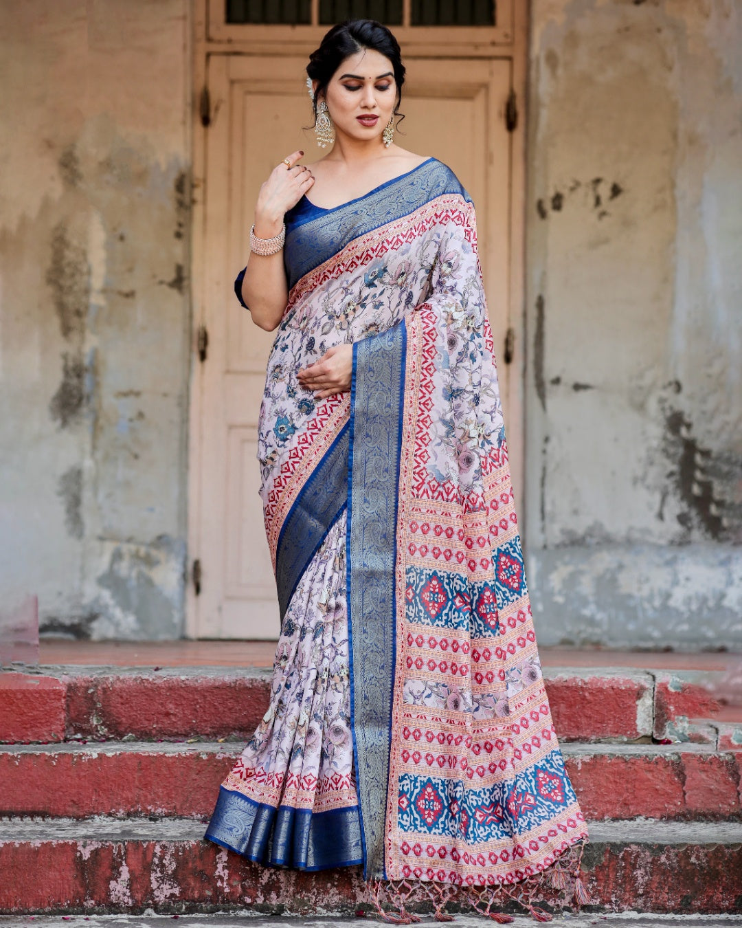 Ivory Tussar Silk Saree with Floral Print, Royal Blue Zari Border, Printed Pallu & Tassels