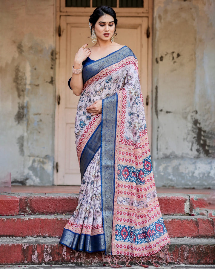 Ivory Tussar Silk Saree with Floral Print, Royal Blue Zari Border, Printed Pallu & Tassels