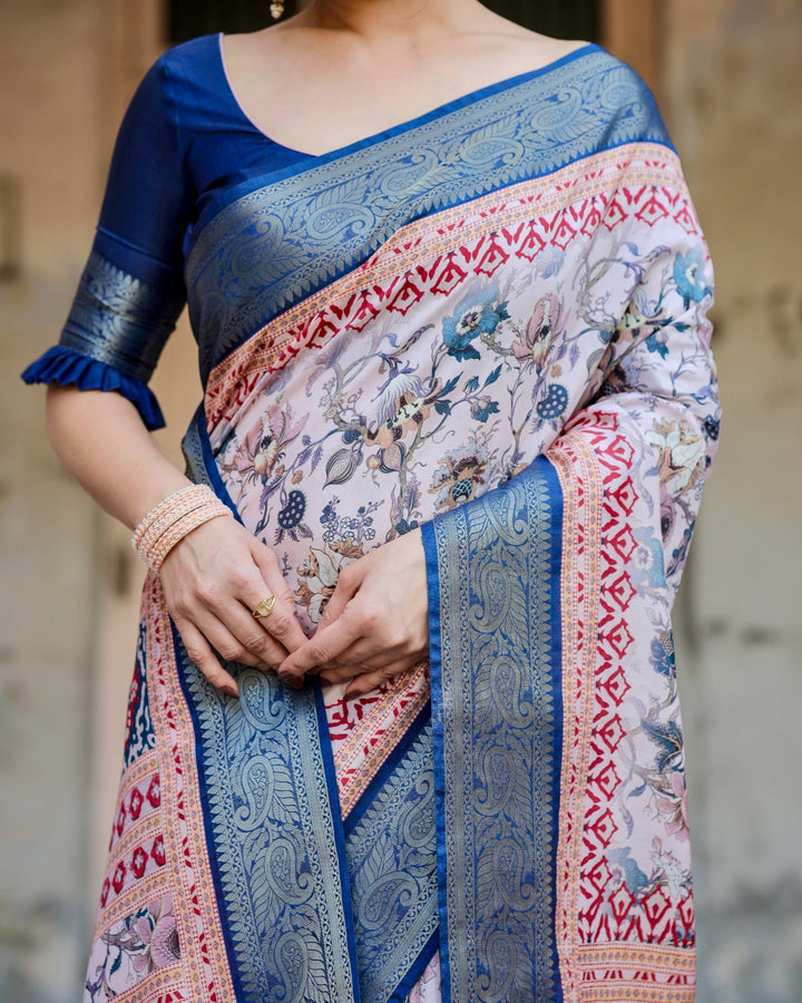 Ivory Tussar Silk Saree with Floral Print, Royal Blue Zari Border, Printed Pallu & Tassels